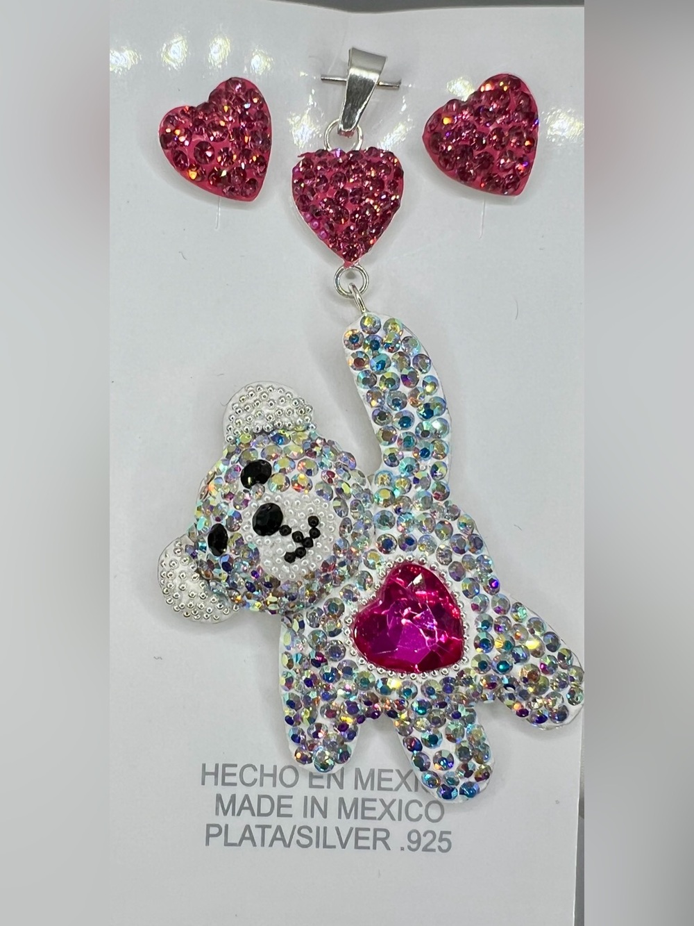 Crystal Embellished White Teddy Pet Charm with Pink Heart